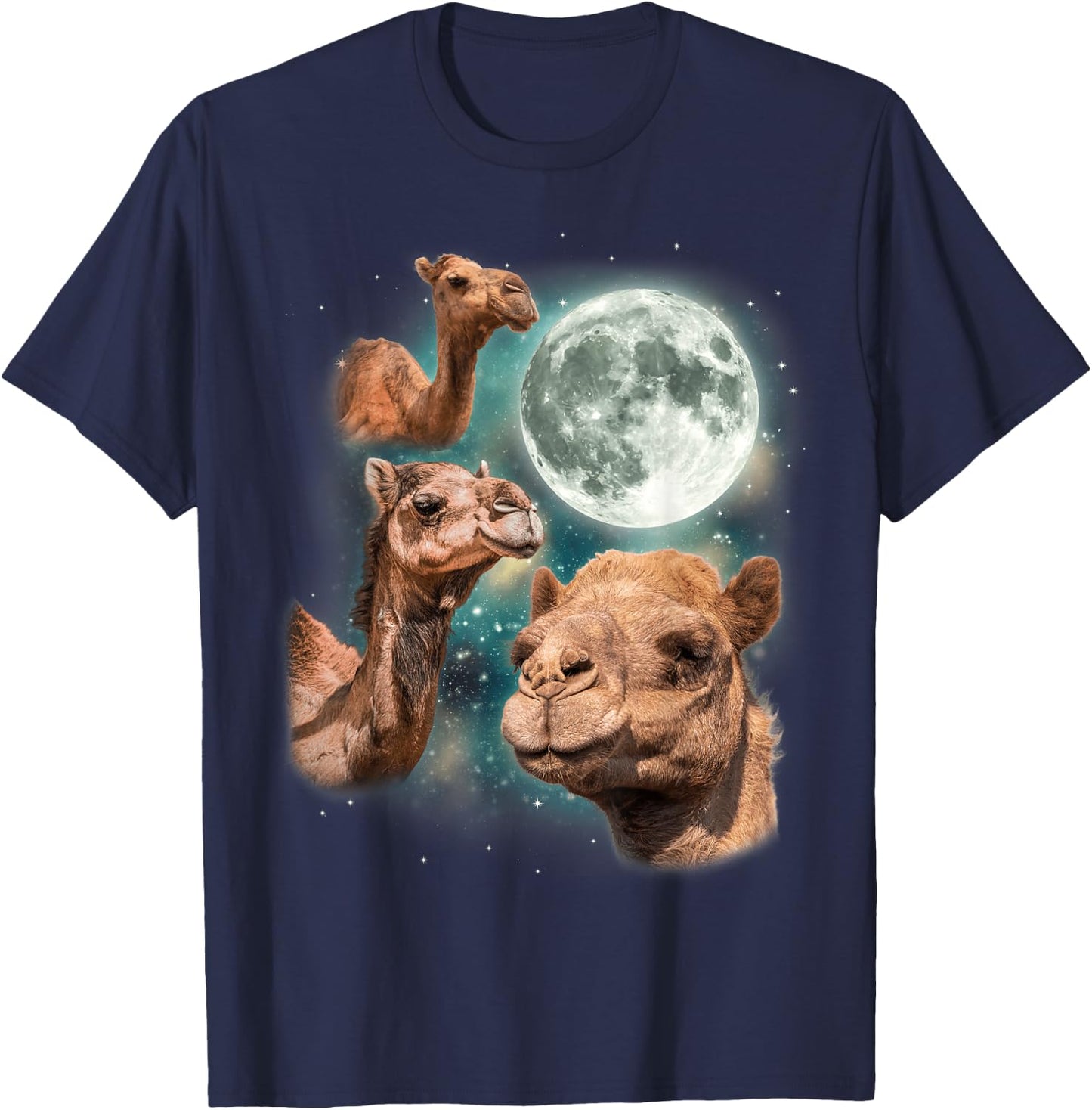 Three Camels Moon | 3 Dromedary Camels Under A Desert Moon T-Shirt - T-Shirt | Navy