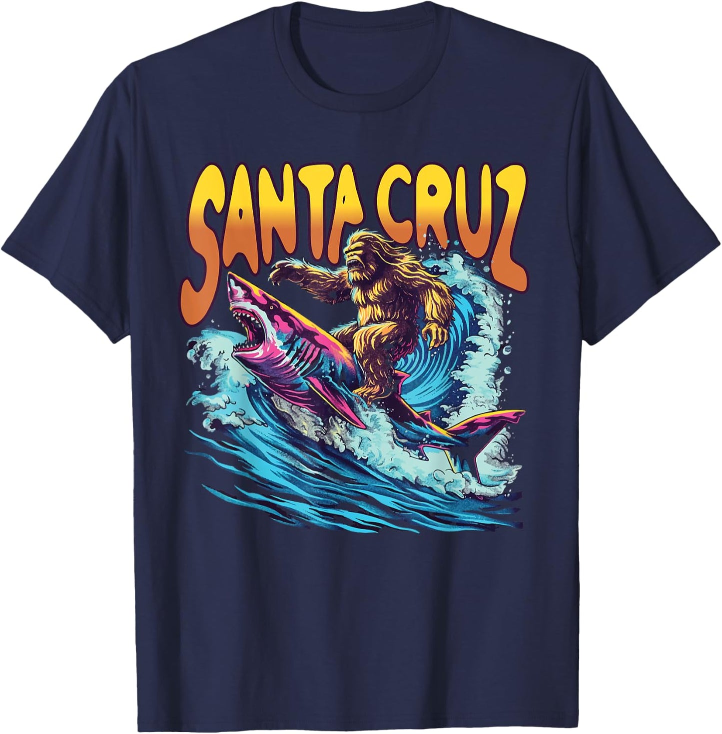 Santa Cruz California Summer Surfing Bigfoot Shark Men Women Kids T-Shirt - T-Shirt | Navy