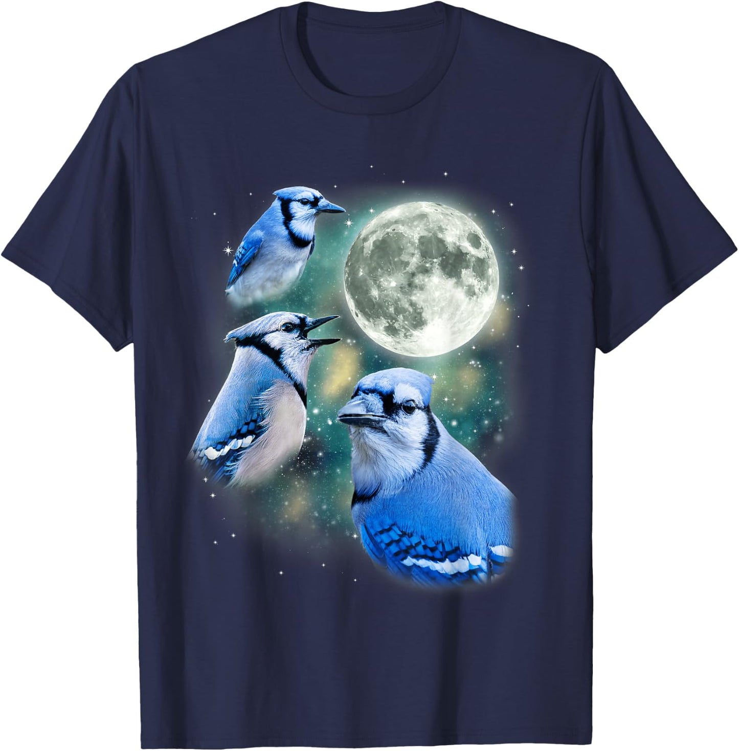 Three Blue Jay Moon Avian Wildlife Birdwatching Bird Lover T-Shirt - T-Shirt | Navy