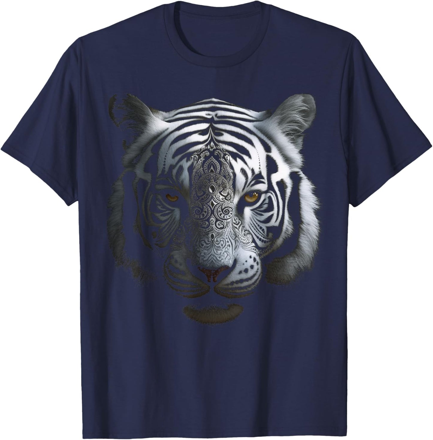 White Tiger Artwork - Mandala Animal Art Tiger T-Shirt - T-Shirt | Navy