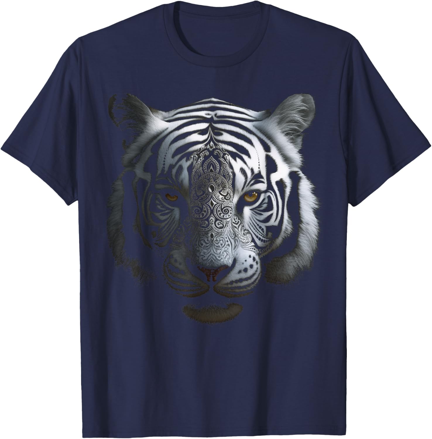 White Tiger Artwork - Mandala Animal Art Tiger T-Shirt - T-Shirt | Navy