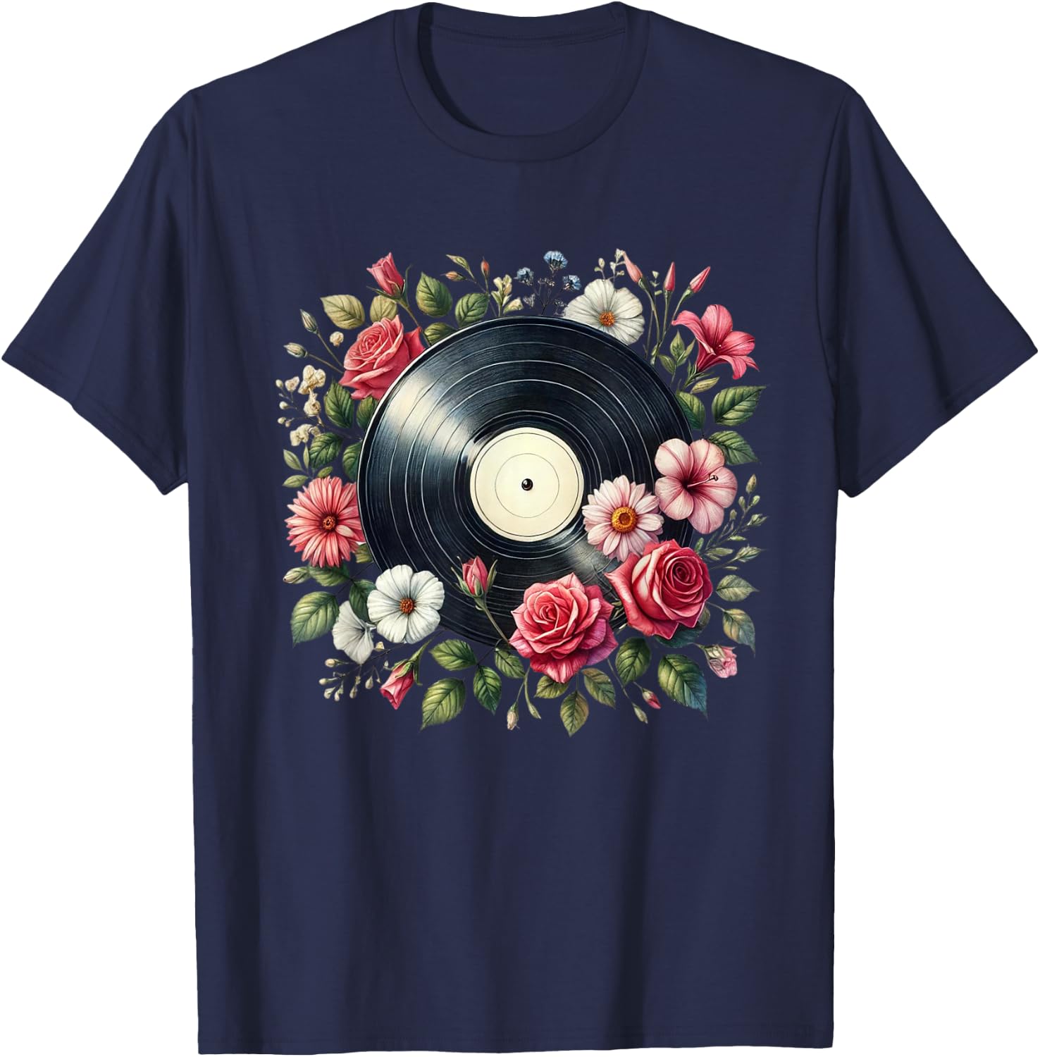 Vinyl Record Flower Men Disc Jockey Vinyl Lover T-Shirt - T-Shirt | Navy