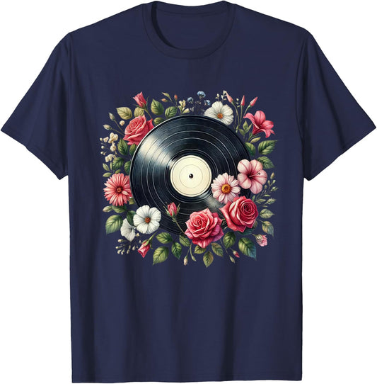 Vinyl Record Flower Men Disc Jockey Vinyl Lover T-Shirt - T-Shirt | Navy