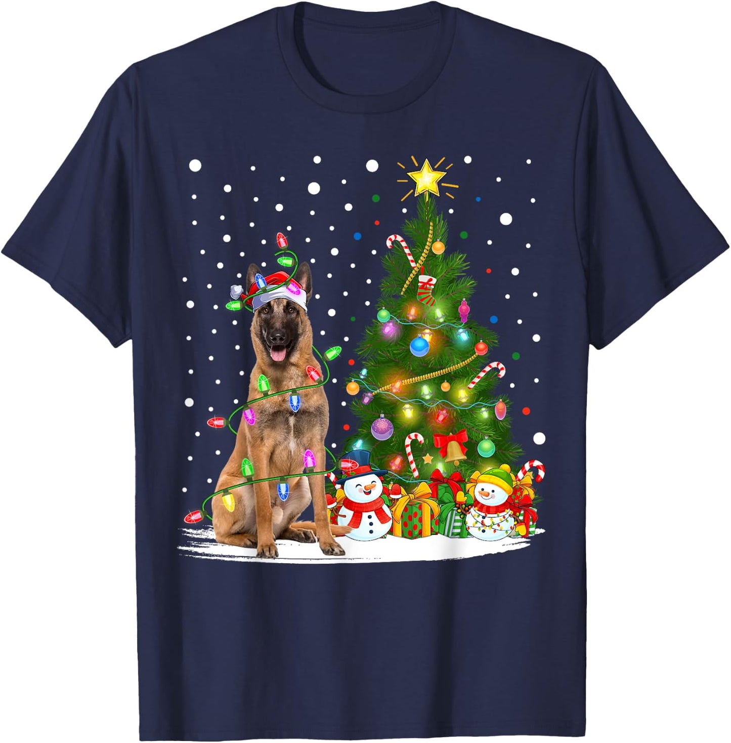 Lighting Xmas Tree Santa Belgian Malinois Dog Christmas Men Women Kids T-Shirt - T-Shirt | Navy