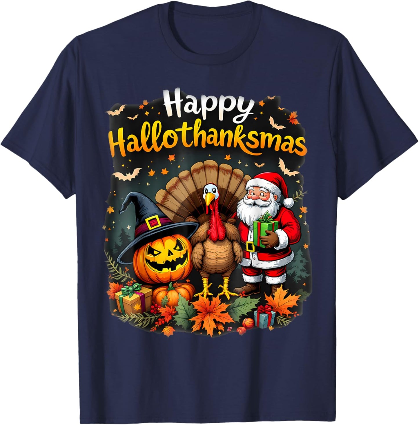 Happy Hallothanksmas Thanksgiving Halloween Merry Christmas T-Shirt - T-Shirt | Navy