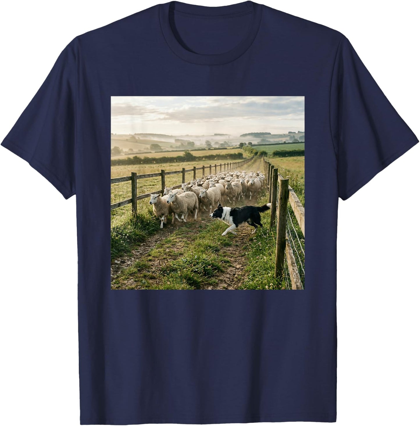 Border Collie Herding Sheep Countryside Farm Scene T-Shirt - T-Shirt | Navy