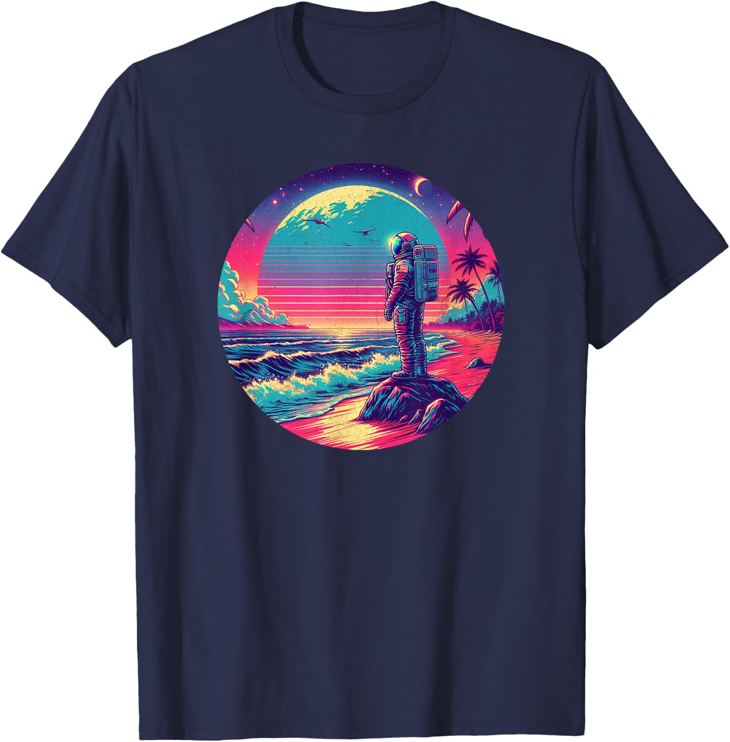 Synthwave Astronaut on the Beach, 1980s Retro T-Shirt - T-Shirt | Navy