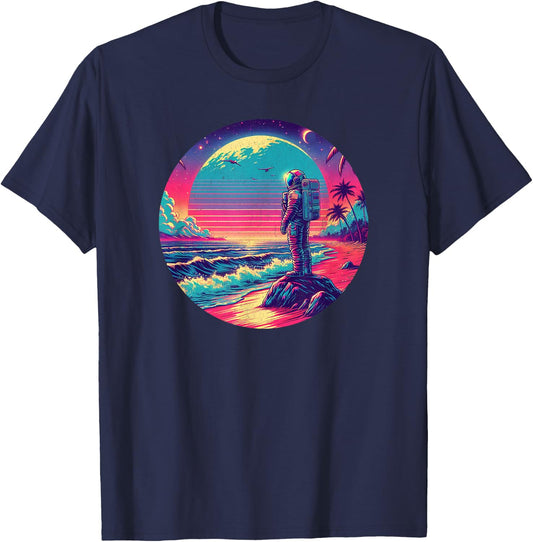Synthwave Astronaut on the Beach, 1980s Retro T-Shirt - T-Shirt | Navy