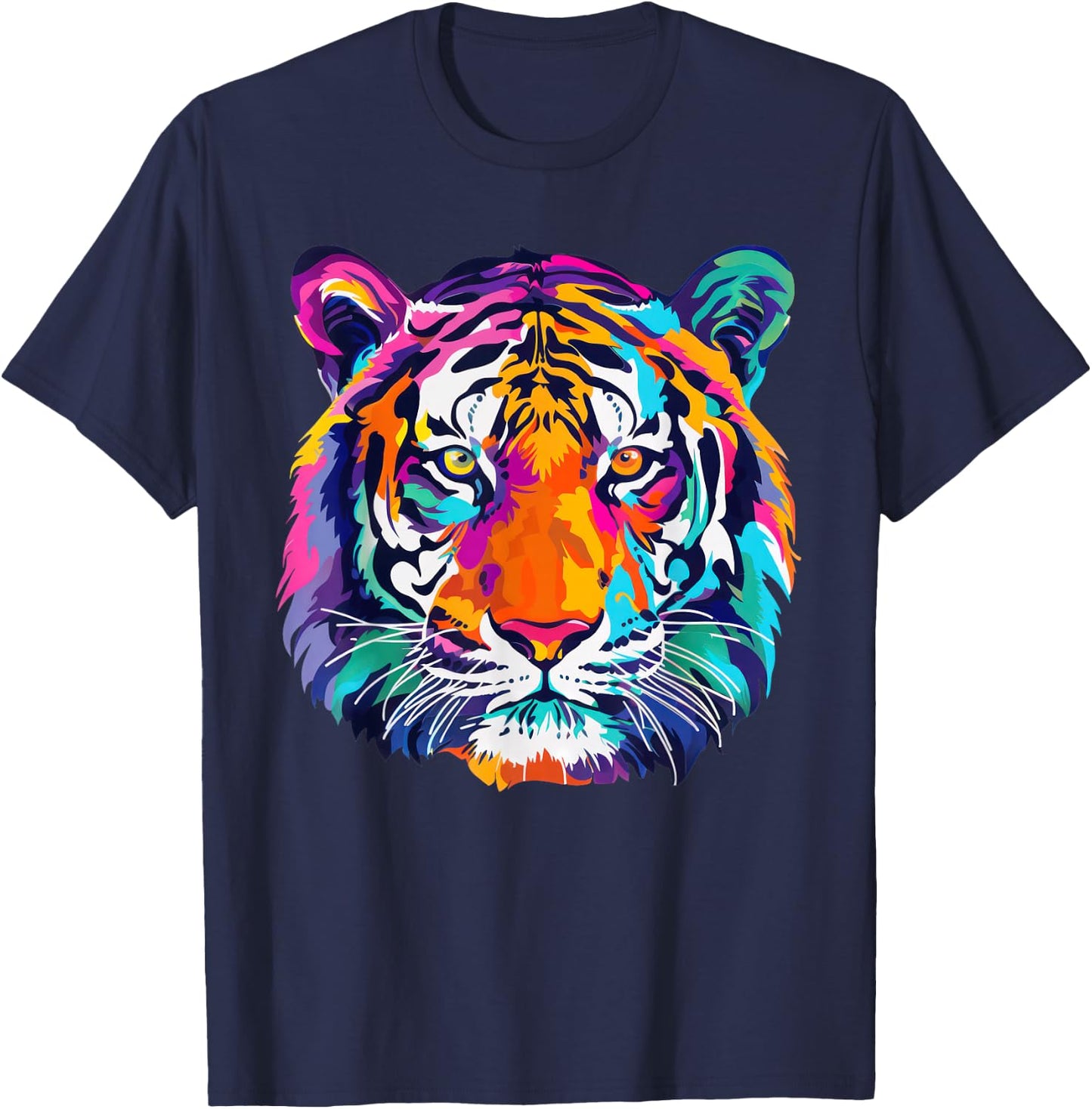 tigerco. Colorful Tiger Graphic , Black, Small, Short Sleeve, Classic Fit T-Shirt - T-Shirt | Navy