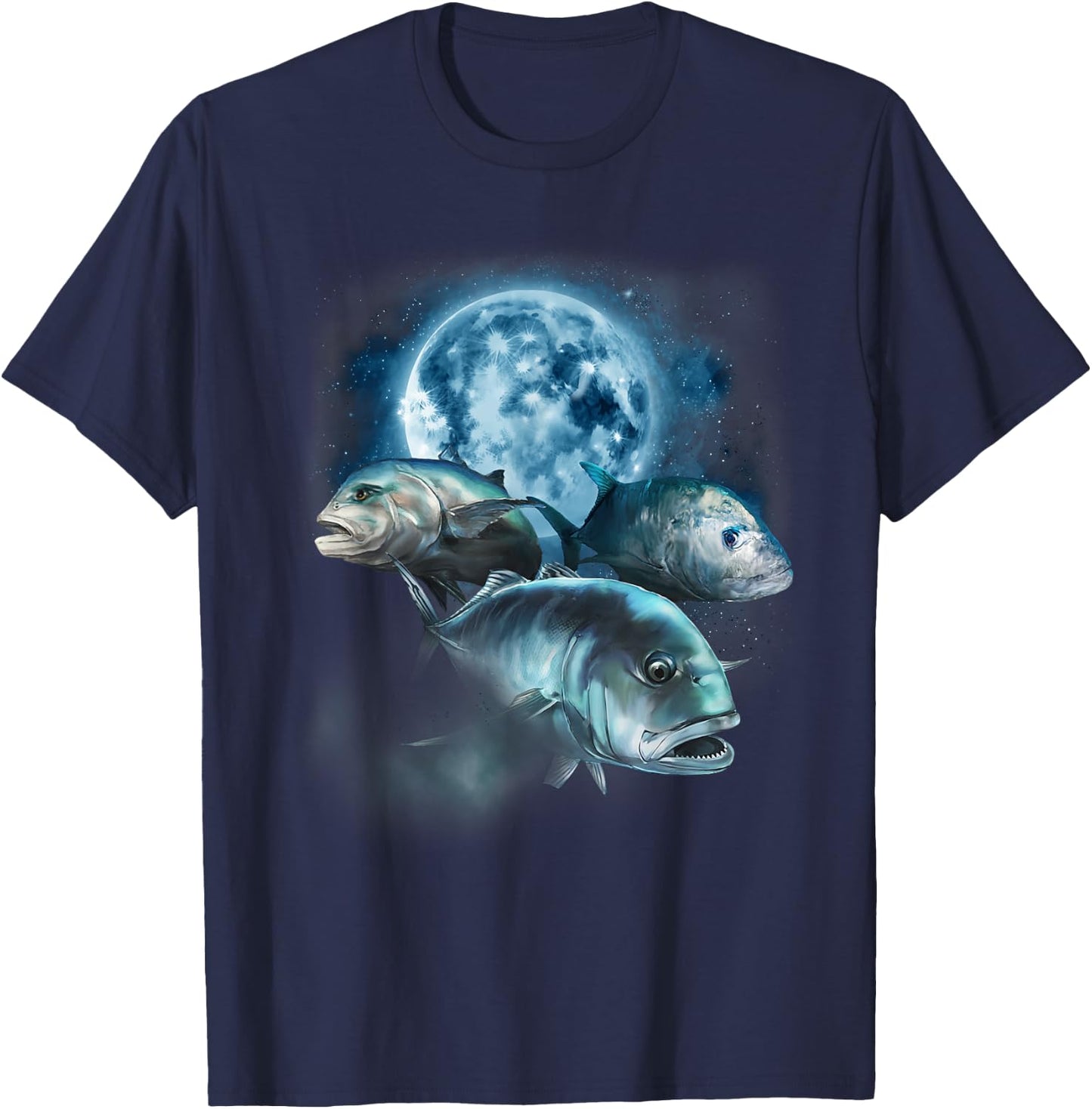 Ulua Fishing Shirt - Trevally Fish Howling at the Moon T-Shirt - T-Shirt | Navy