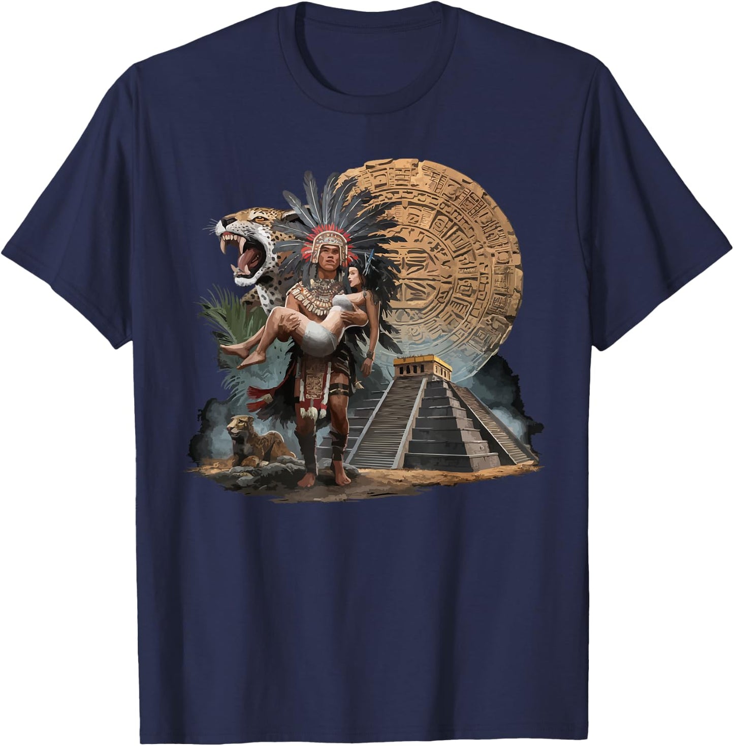Aztec Warrior Mayan Indigenous Mexican Aztec Jaguar T-Shirt - T-Shirt | Navy