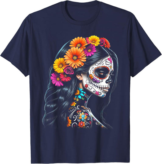De Los Muertos La Catrina Day of the Dead Sugar Skull Women T-Shirt - T-Shirt | Navy