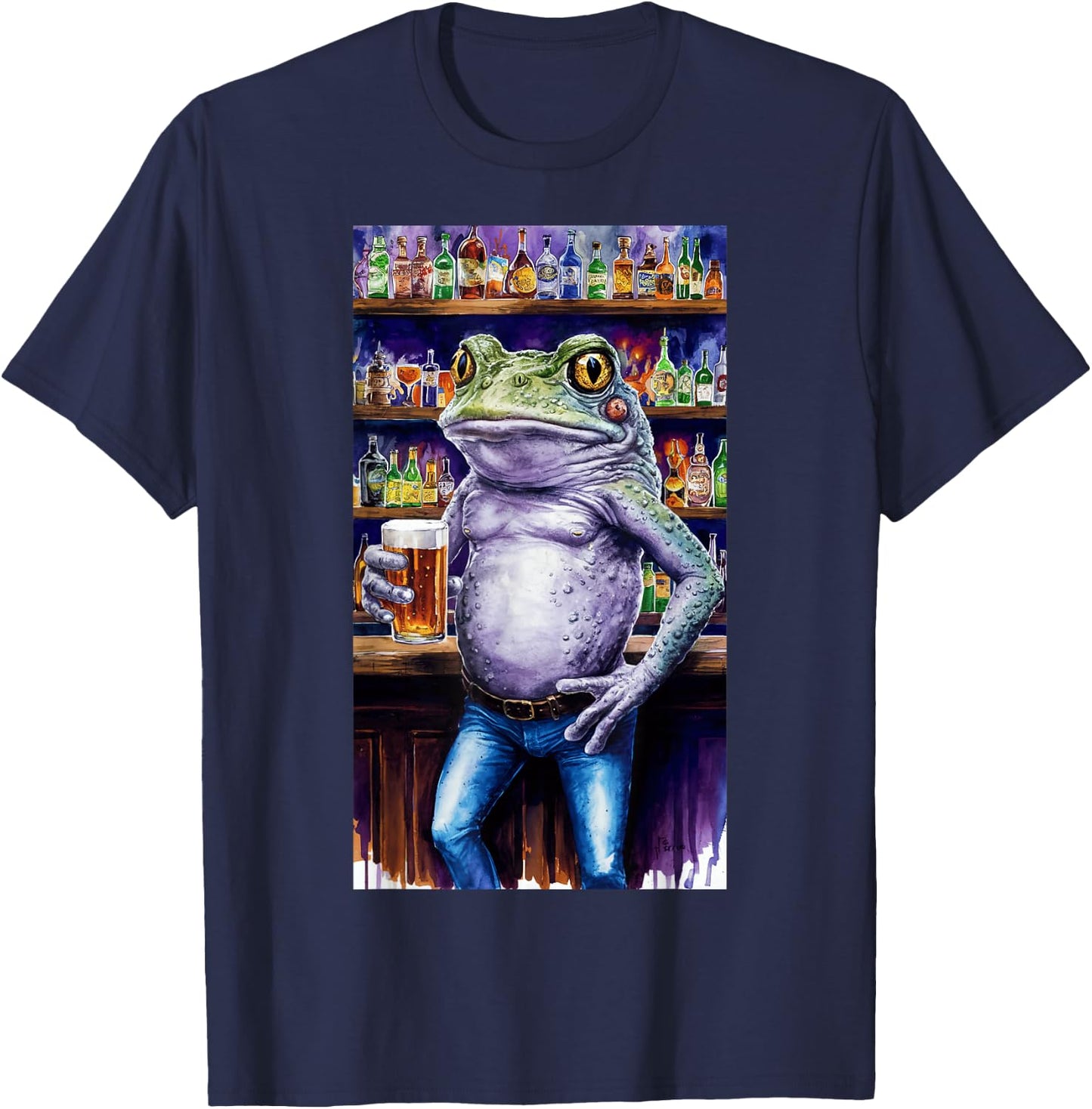 Frog Standing In A Bar Holding A Beer Adult Image T-Shirt - T-Shirt | Navy
