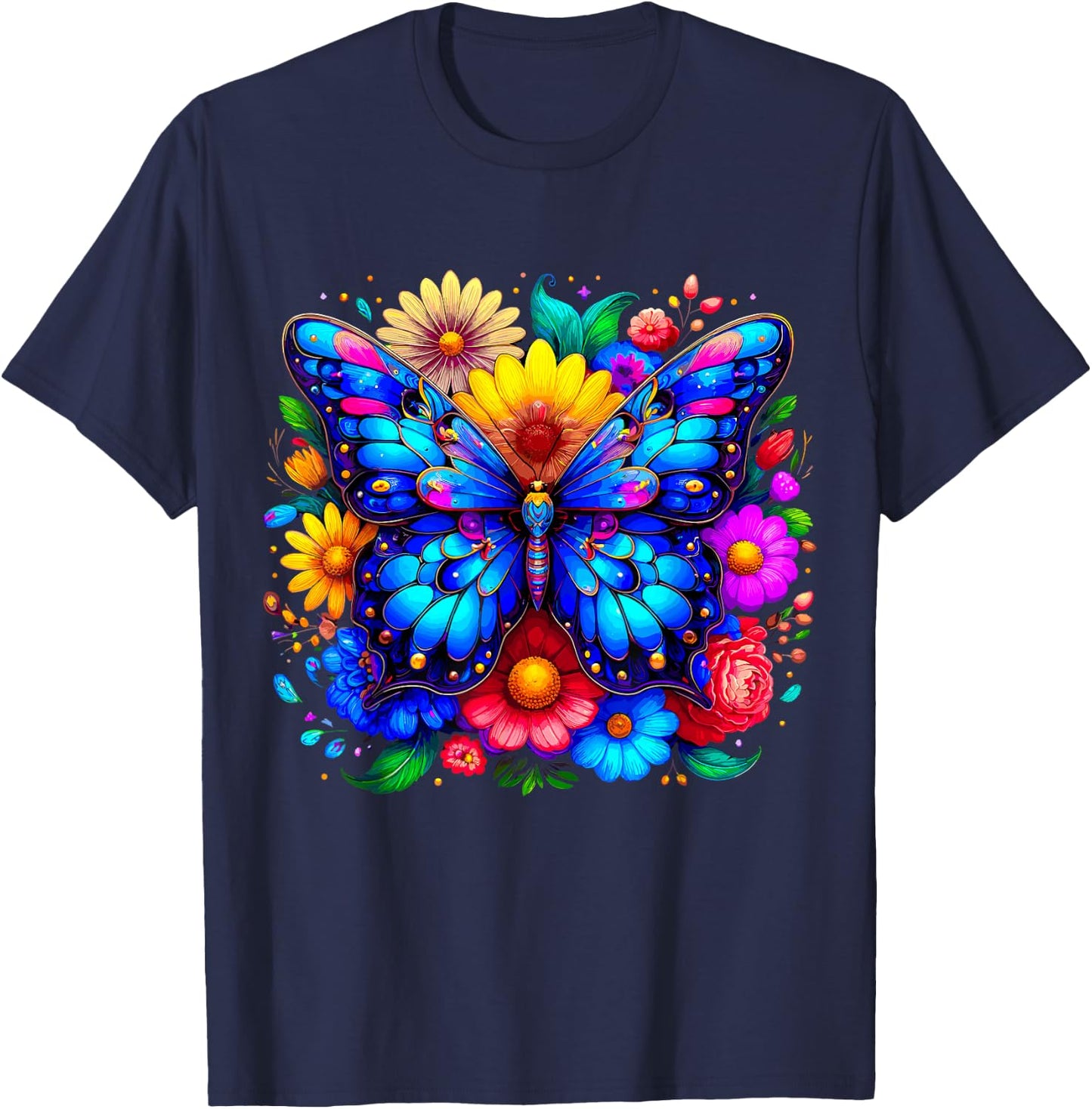 Butterfly and Flowers T-Shirt - T-Shirt | Navy