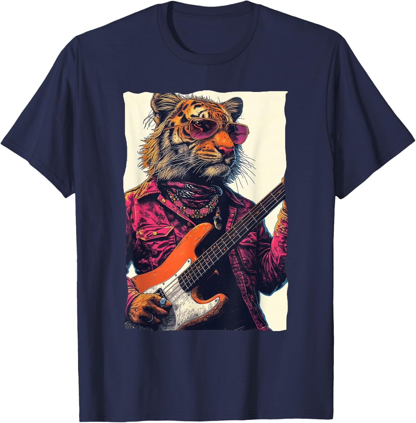 Cool Tiger Playing Guitar Retro Music lover T-Shirt - T-Shirt | Navy