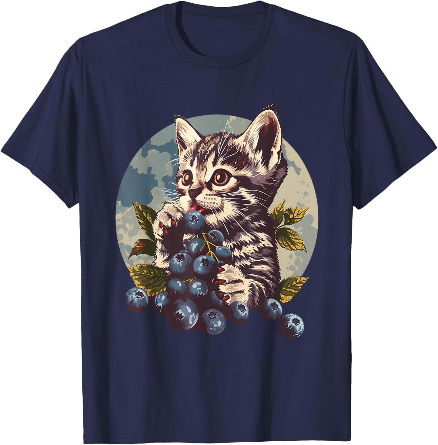 Blueberry Cat Blueberries Portrait Watercolor Animal Art T-Shirt - T-Shirt | Navy