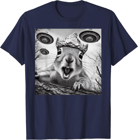 Funny Alien Squirrel Selfie With Tin Foil Hat UFO Encounter T-Shirt - T-Shirt | Navy