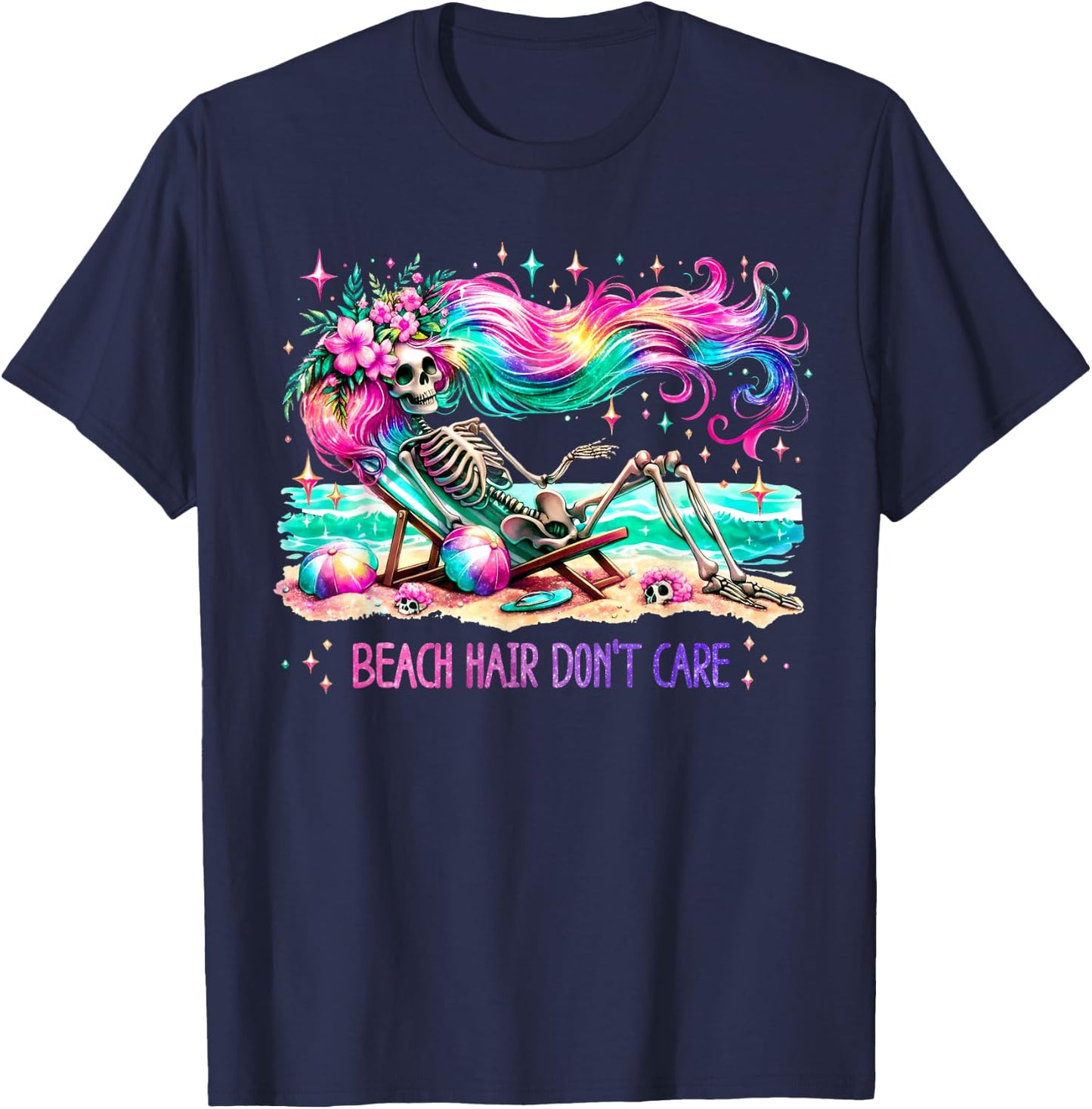 Beach Hair Don't Care Skeleton Woman Summer Vacation Hawaii T-Shirt - T-Shirt | Navy
