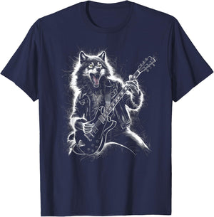 Wolf Playing Guitar Rocker Dog Playing Guitar Rock T-Shirt - T-Shirt | Navy