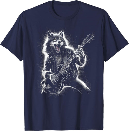 Wolf Playing Guitar Rocker Dog Playing Guitar Rock T-Shirt - T-Shirt | Navy