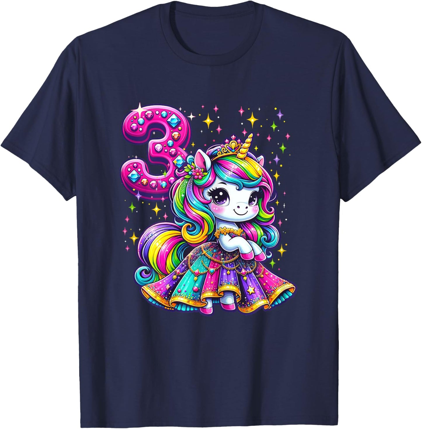 Unicorn Princess 3rd Birthday 3 Year Old Party Girls Outfit T-Shirt - T-Shirt | Navy
