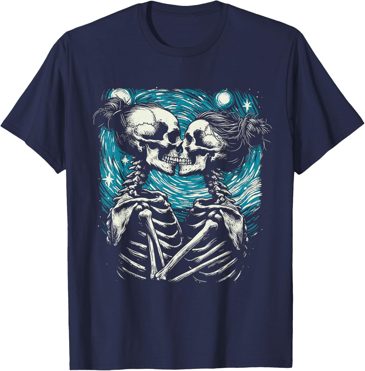 Van Gogh Starry Night in Lesbian Skeleton Occult Goth Couple T-Shirt - T-Shirt | Navy
