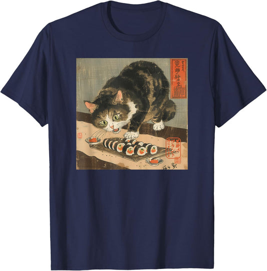 Sushi Cat – Japanese Retro Art Print for Foodie and Cat Love Women Kids T-Shirt - T-Shirt | Navy