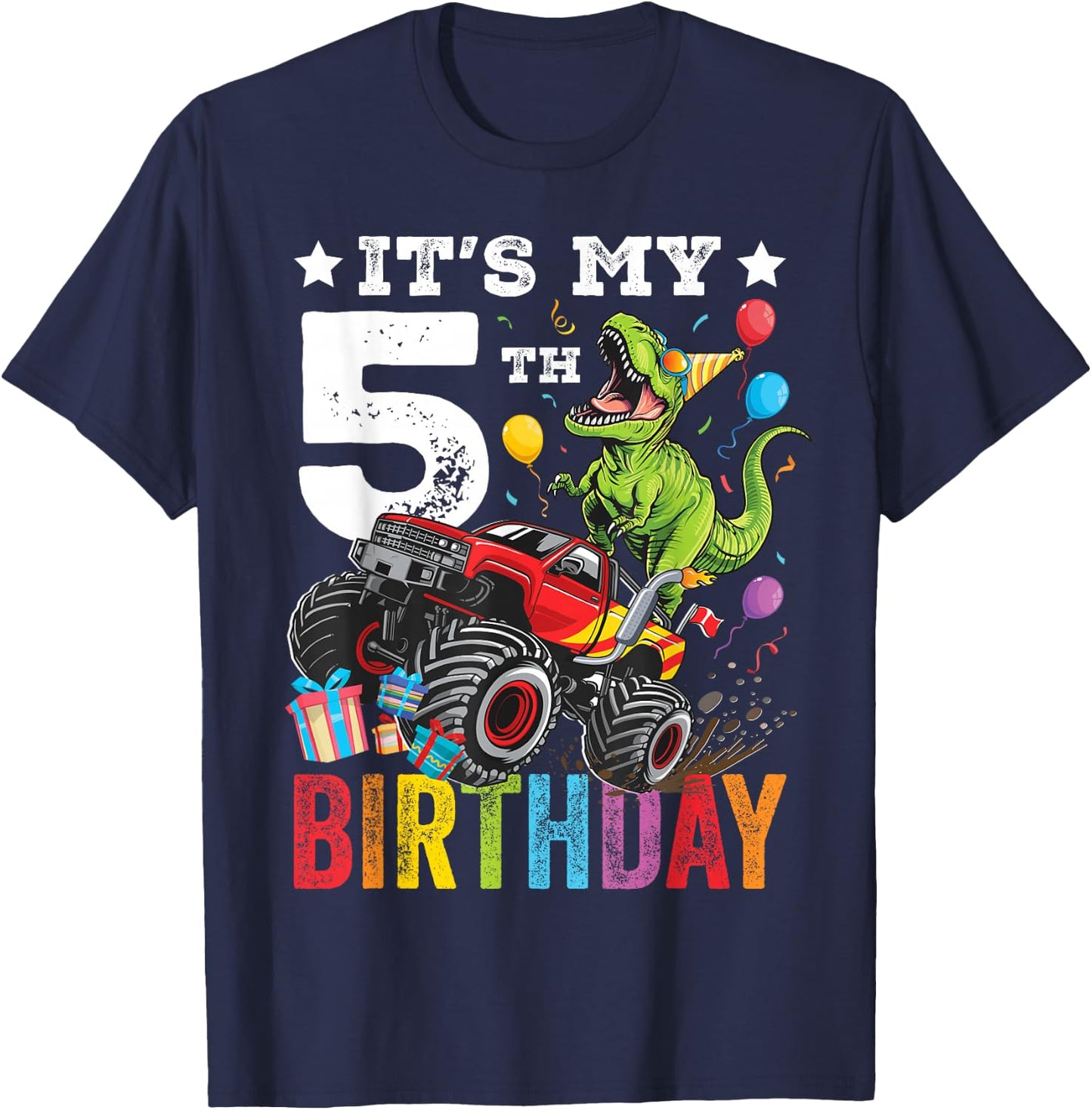 Five 5th Birthday Dinosaur Monster Truck T-Shirt - T-Shirt | Navy