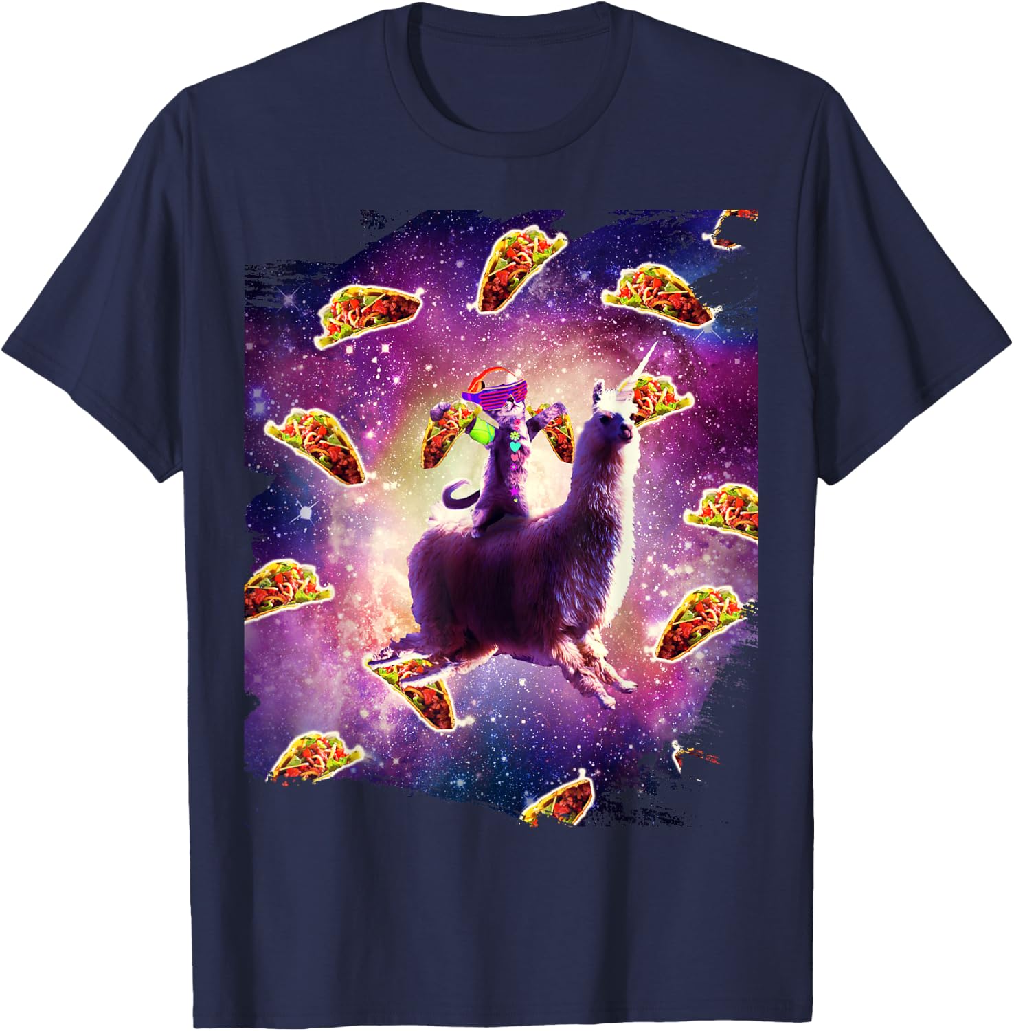 Rave Space Cat On Llama Unicorn - Taco T-Shirt - T-Shirt | Navy