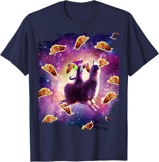 Rave Space Cat On Llama Unicorn - Taco T-Shirt - T-Shirt | Navy