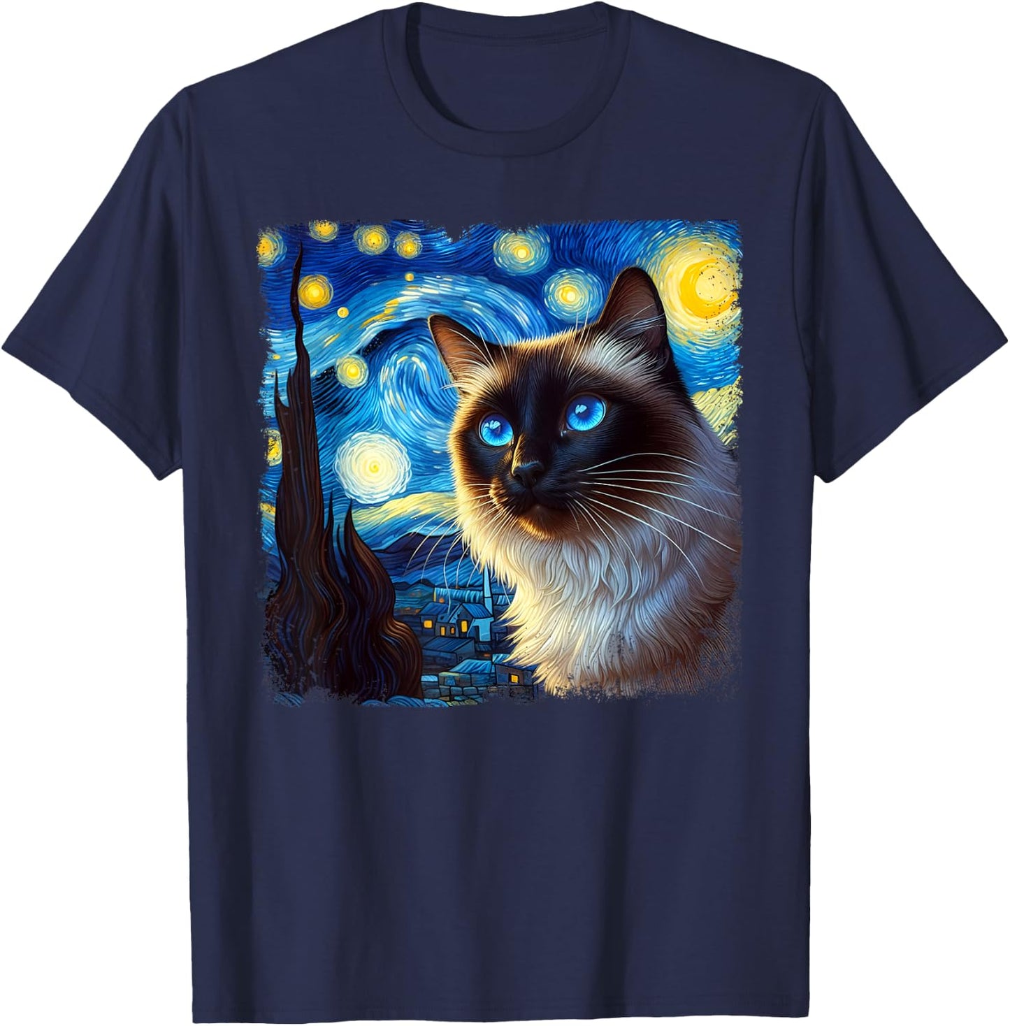 Funny Cute Siamese Cat Starry Night Van Gogh Painting T-Shirt - T-Shirt | Navy
