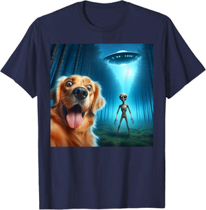 Golden Retriever Selfie Alien UFO Funny T-Shirt - T-Shirt | Navy