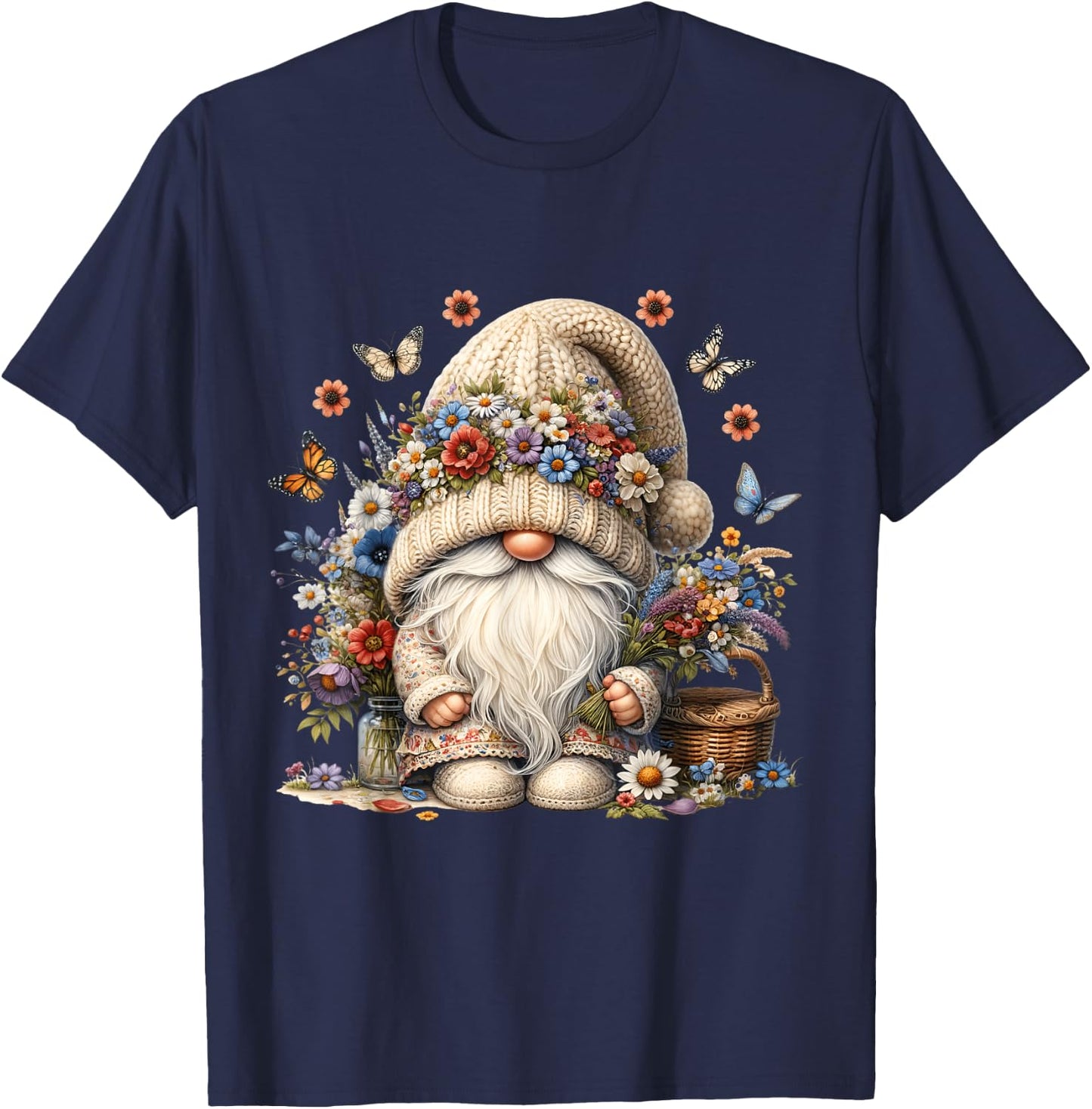 Wildflower Butterfly Gnome In Summer Boho Dress Cute Floral T-Shirt - T-Shirt | Navy