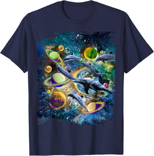 Celestial Space Dolphin, Space Planets Galaxy Dolphins T-Shirt - T-Shirt | Navy