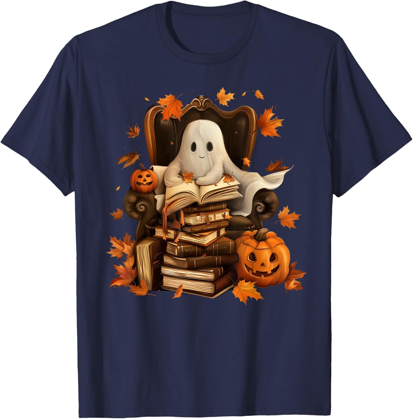 Vintage Ghost Book Reading Pumpkin Gothic Halloween Teachers T-Shirt - T-Shirt | Navy