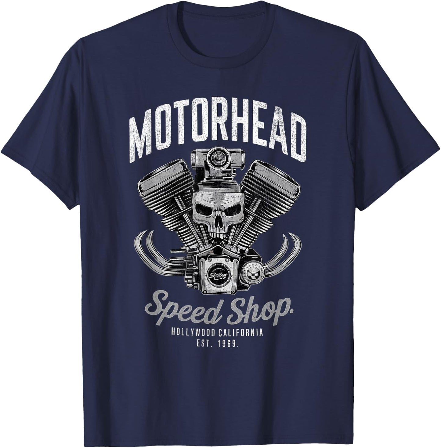 Skeleton Motor Head Speed Shop Hot Rod Mechanic Car Lover T-Shirt - T-Shirt | Navy