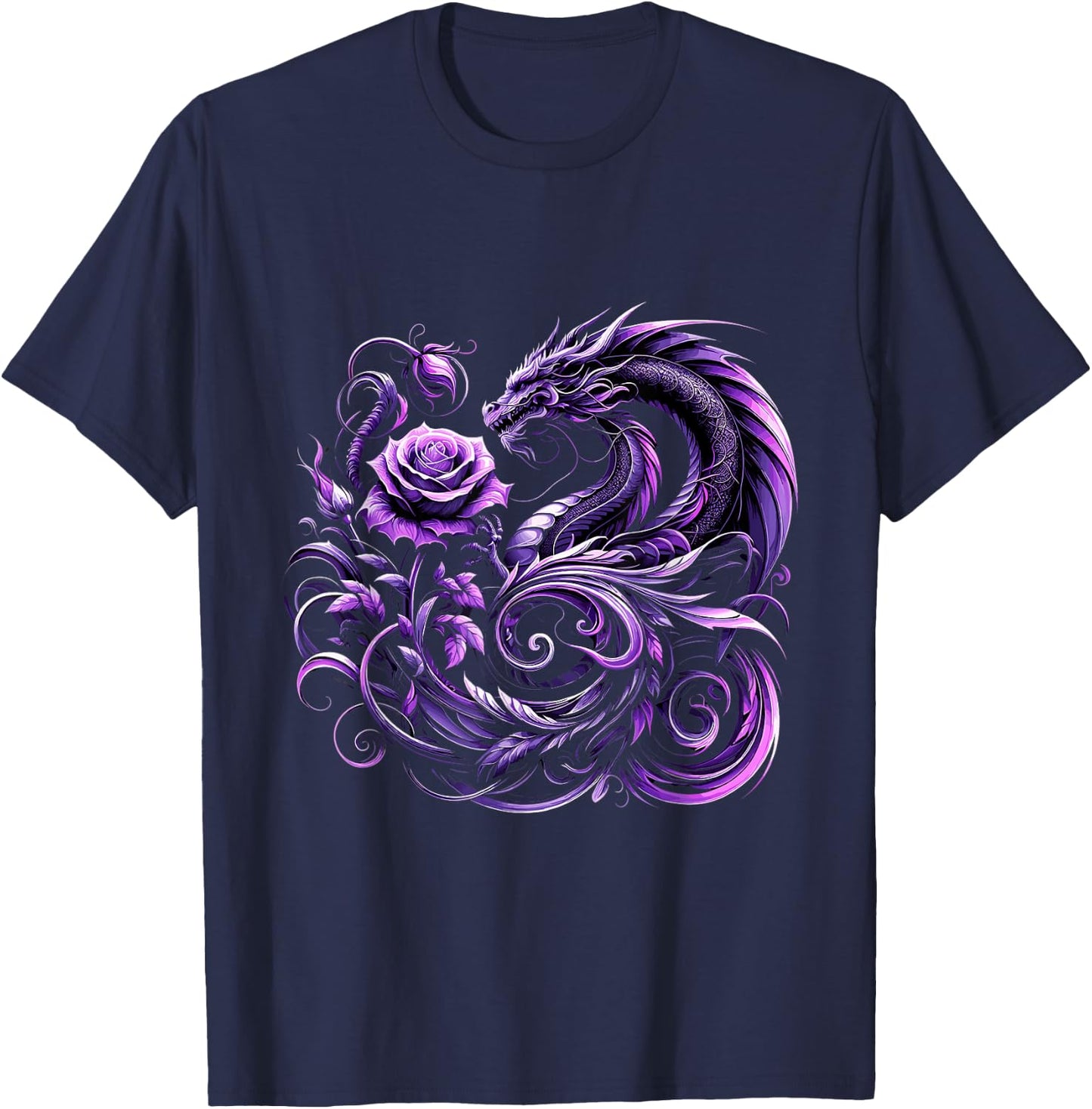 Purple Dragon and Purple Rose Fantasy T-Shirt - T-Shirt | Navy