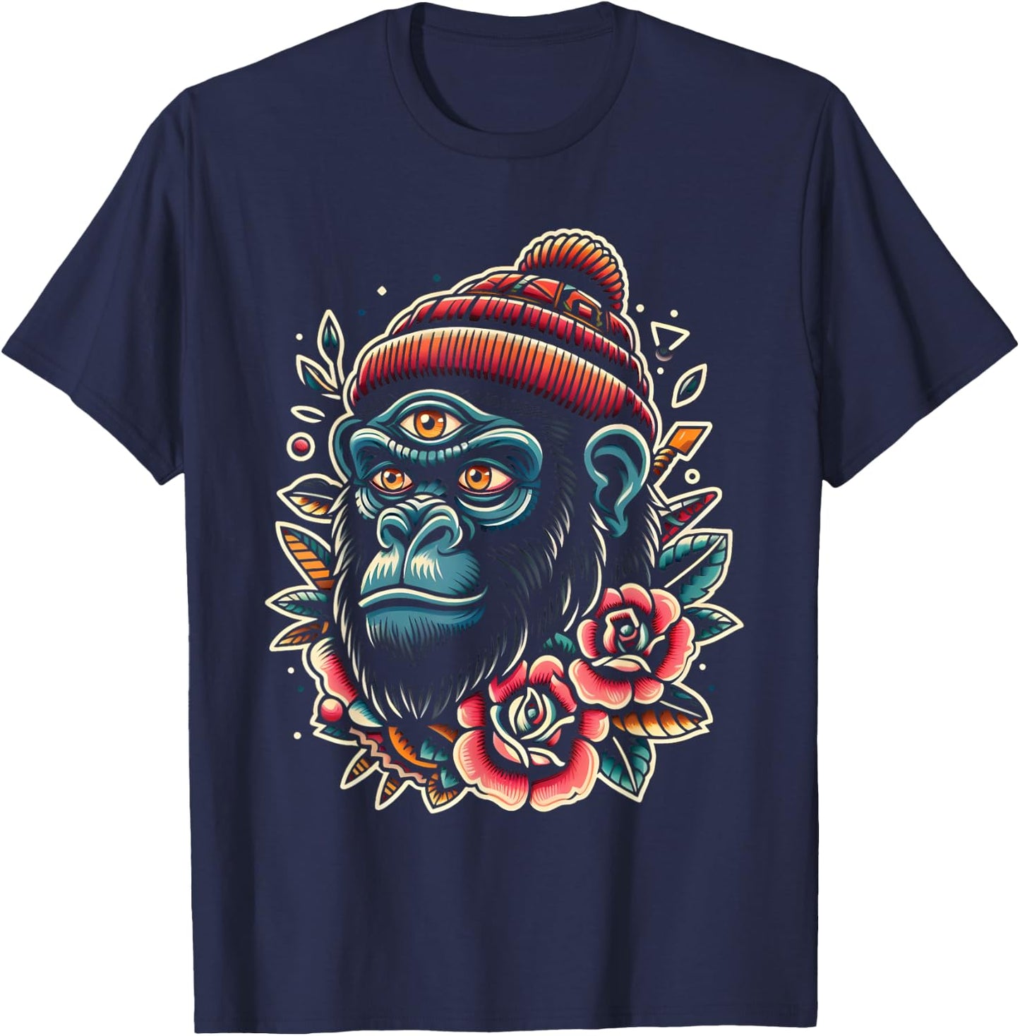 Three Eyed Gorilla Monkey Traditional Tattoo Artist Inked T-Shirt - T-Shirt | Navy