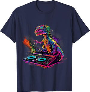 Dinosaur DJ Turntable DJ Dinosaur Artwork House Beatmaker T-Shirt - T-Shirt | Navy
