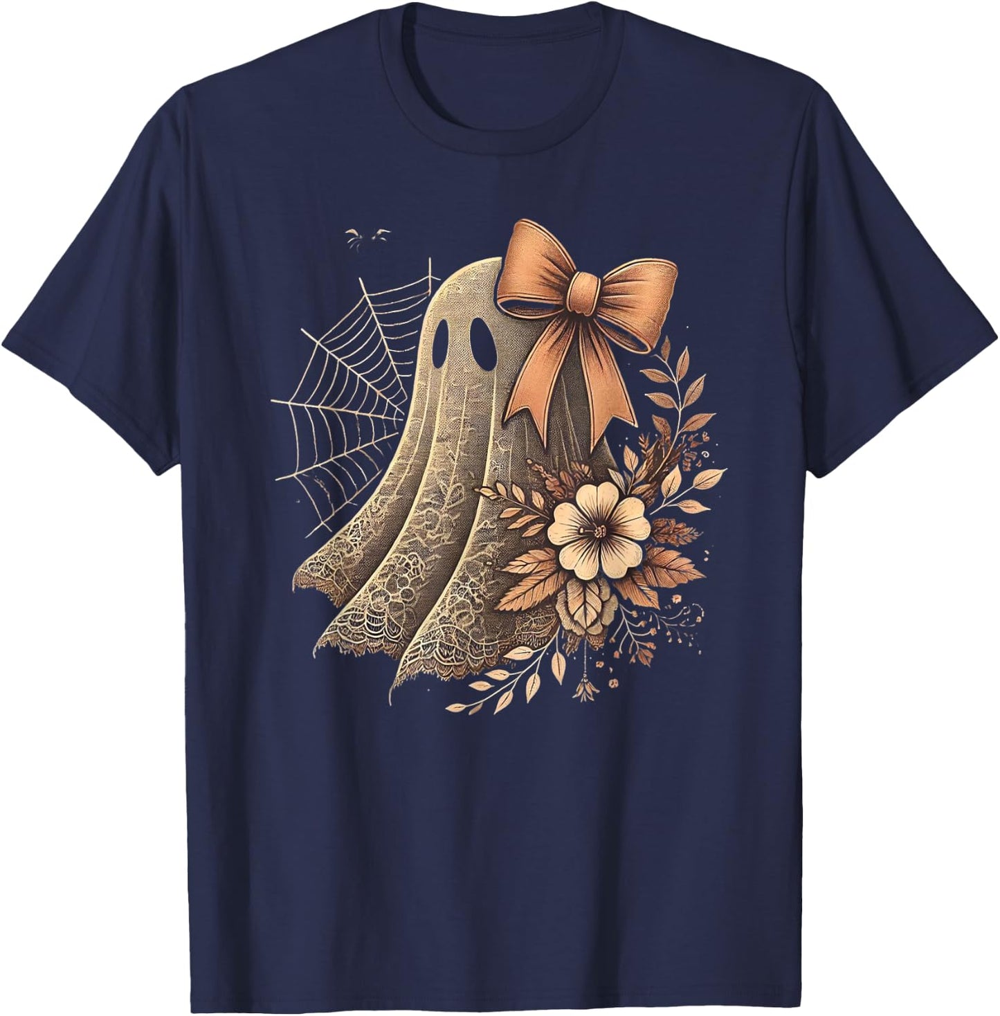 Cute Coquette Bow Ghost Halloween Flower Ghost Spooky Ghost T-Shirt - T-Shirt | Navy