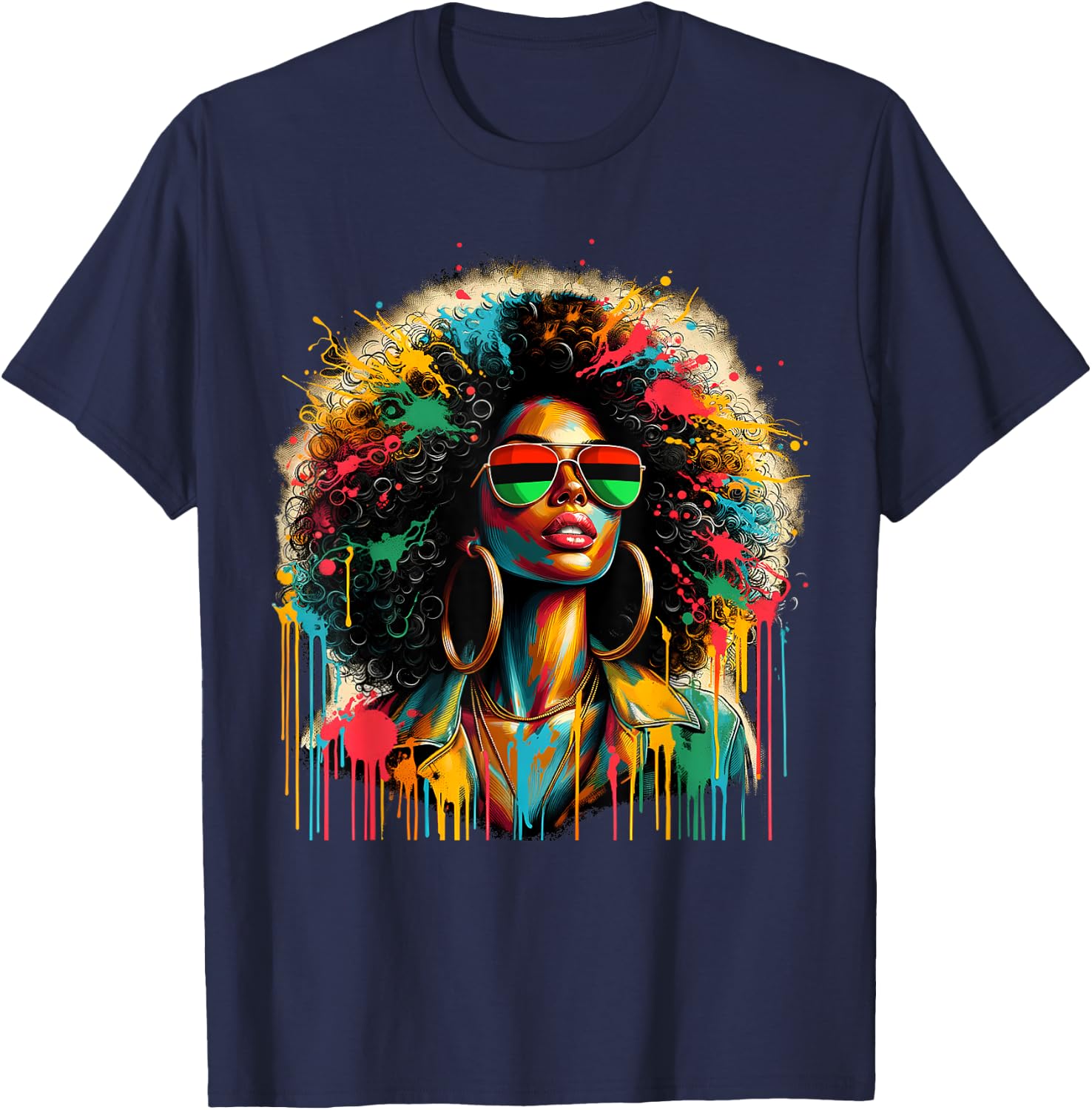Juneteenth Black Queen Afro African Melanin Dripping T-Shirt - T-Shirt | Navy