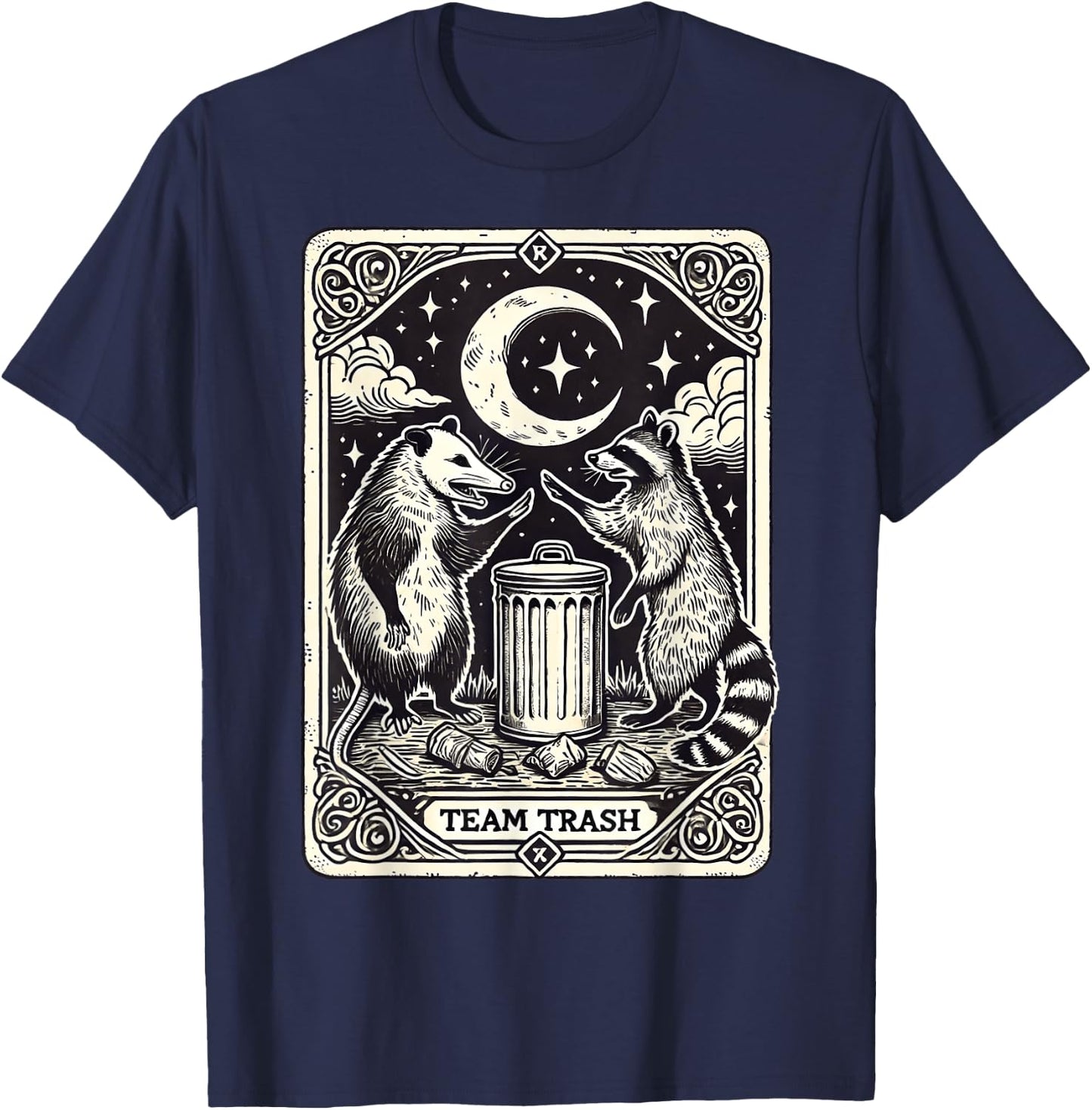 Tarot Card Vintage Team Trash Crescent Moon Opossum Raccoon T-Shirt - T-Shirt | Navy