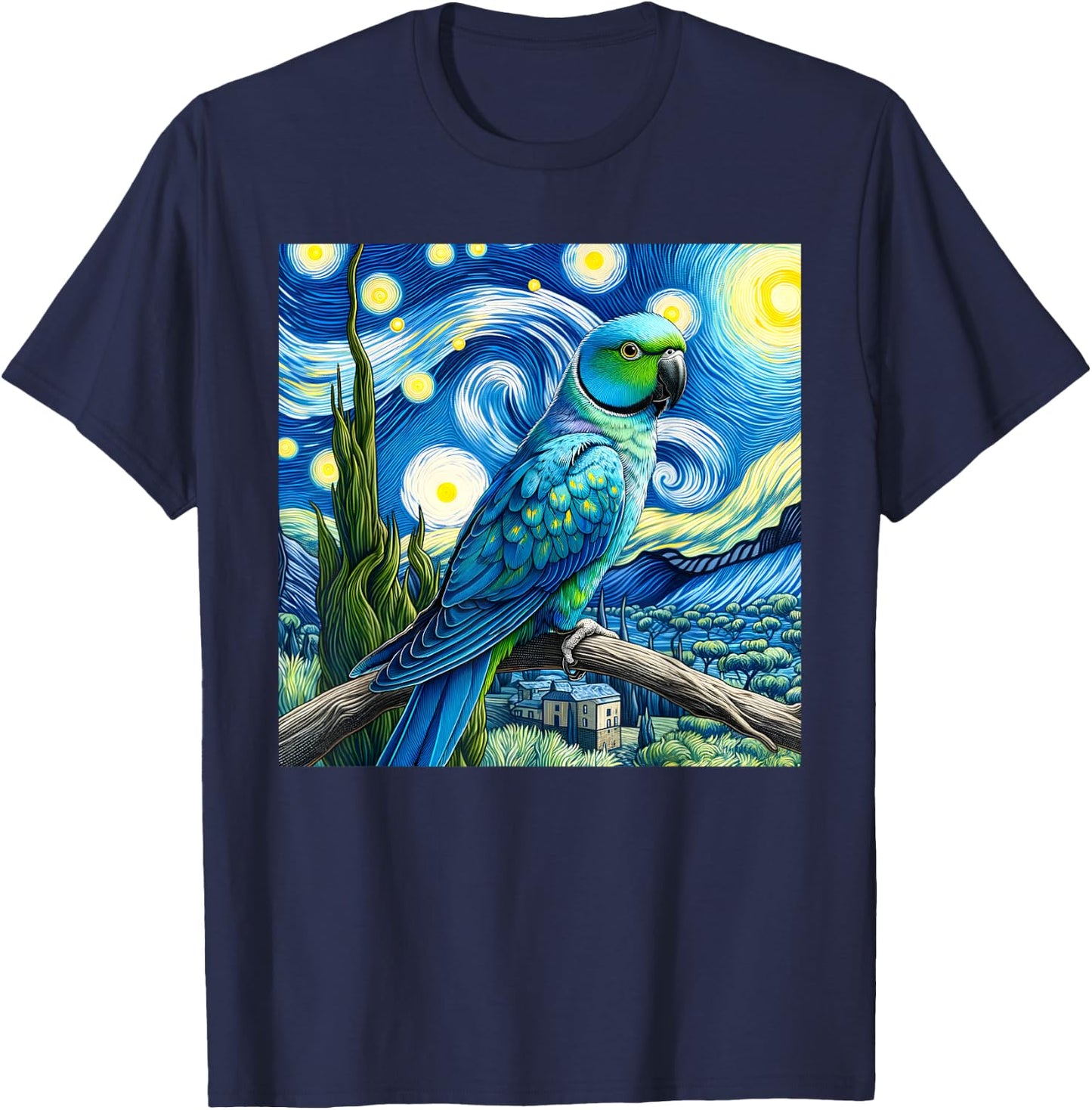 Blue Indian Ringneck Parrot Parakeet Starry Night Van Gogh T-Shirt - T-Shirt | Navy