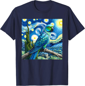 Blue Indian Ringneck Parrot Parakeet Starry Night Van Gogh T-Shirt - T-Shirt | Navy