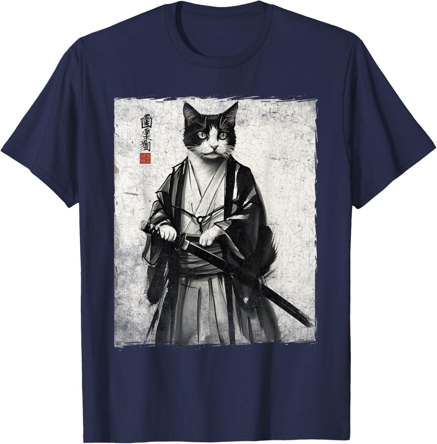 Samurai Cat Ukiyo-e Warrior Art Vintage Ninja Cat Graphic T-Shirt - T-Shirt | Navy