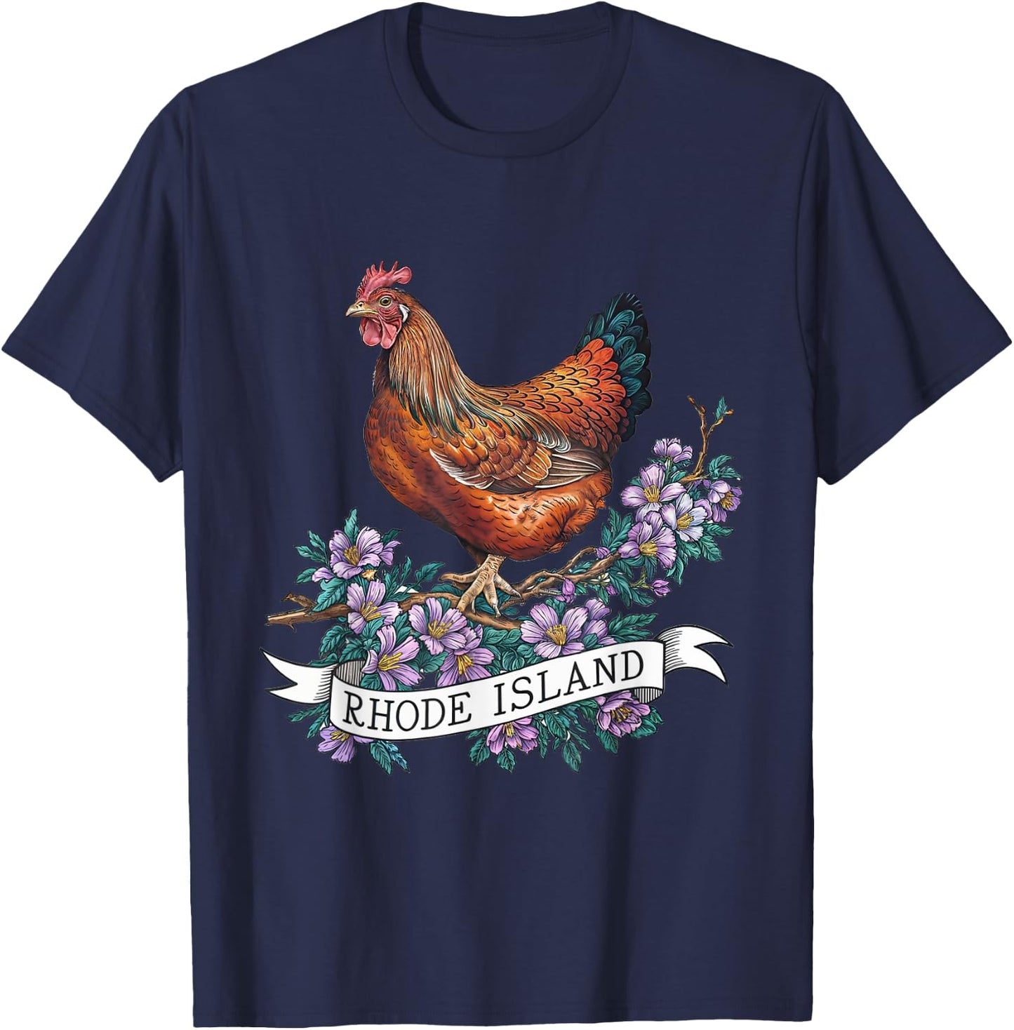 Rhode Island Red Chicken Bird and Violet Flower T-Shirt - T-Shirt | Navy