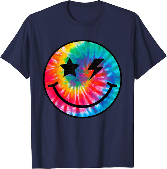 Retro Happy Face Tie Dye Checkered Pattern Smile Face Trendy T-Shirt - T-Shirt | Navy