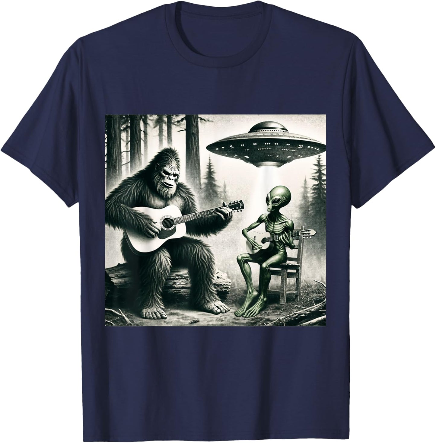Funny Bigfoot And Alien Playing Electric Guitar. Bigfoot UFO T-Shirt - T-Shirt | Navy