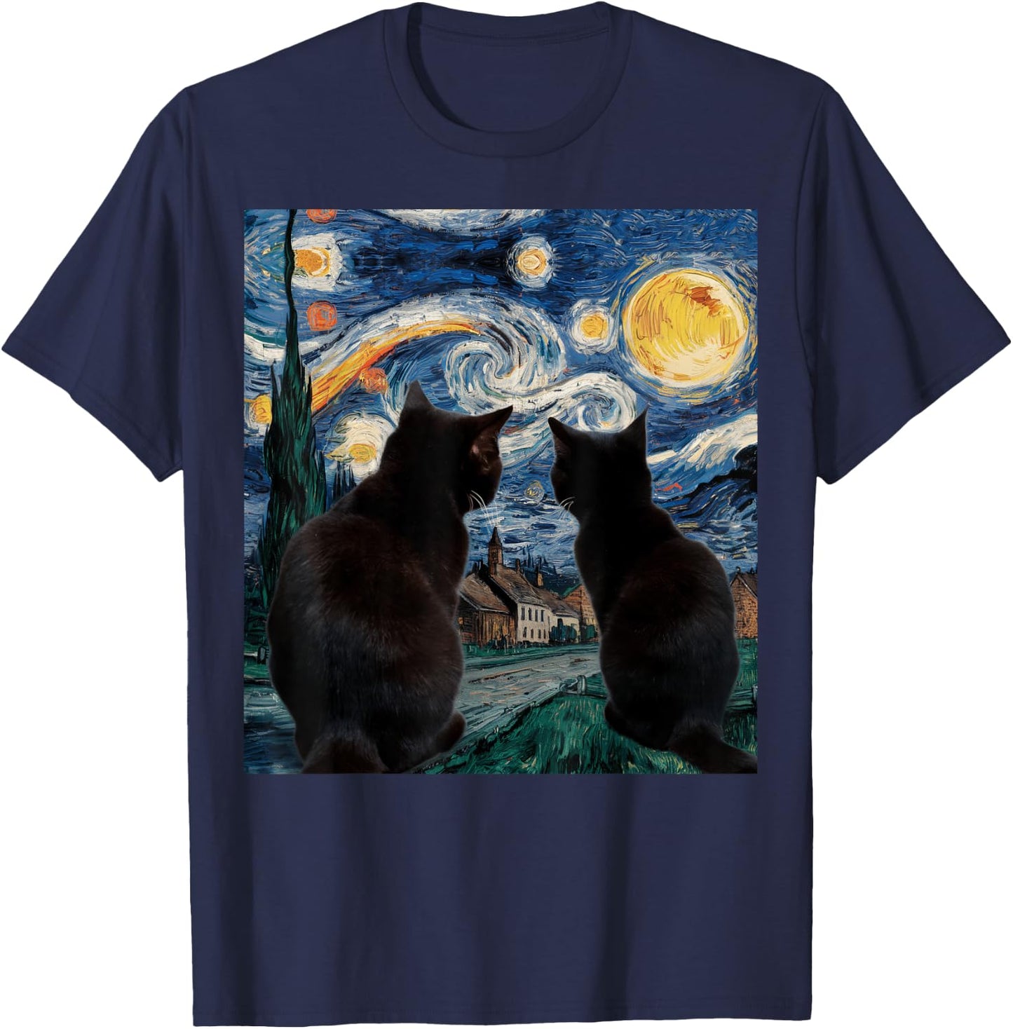 Black Cats Starry Night Van Gogh Cat Lover Men Women Girls Kids T-Shirt - T-Shirt | Navy