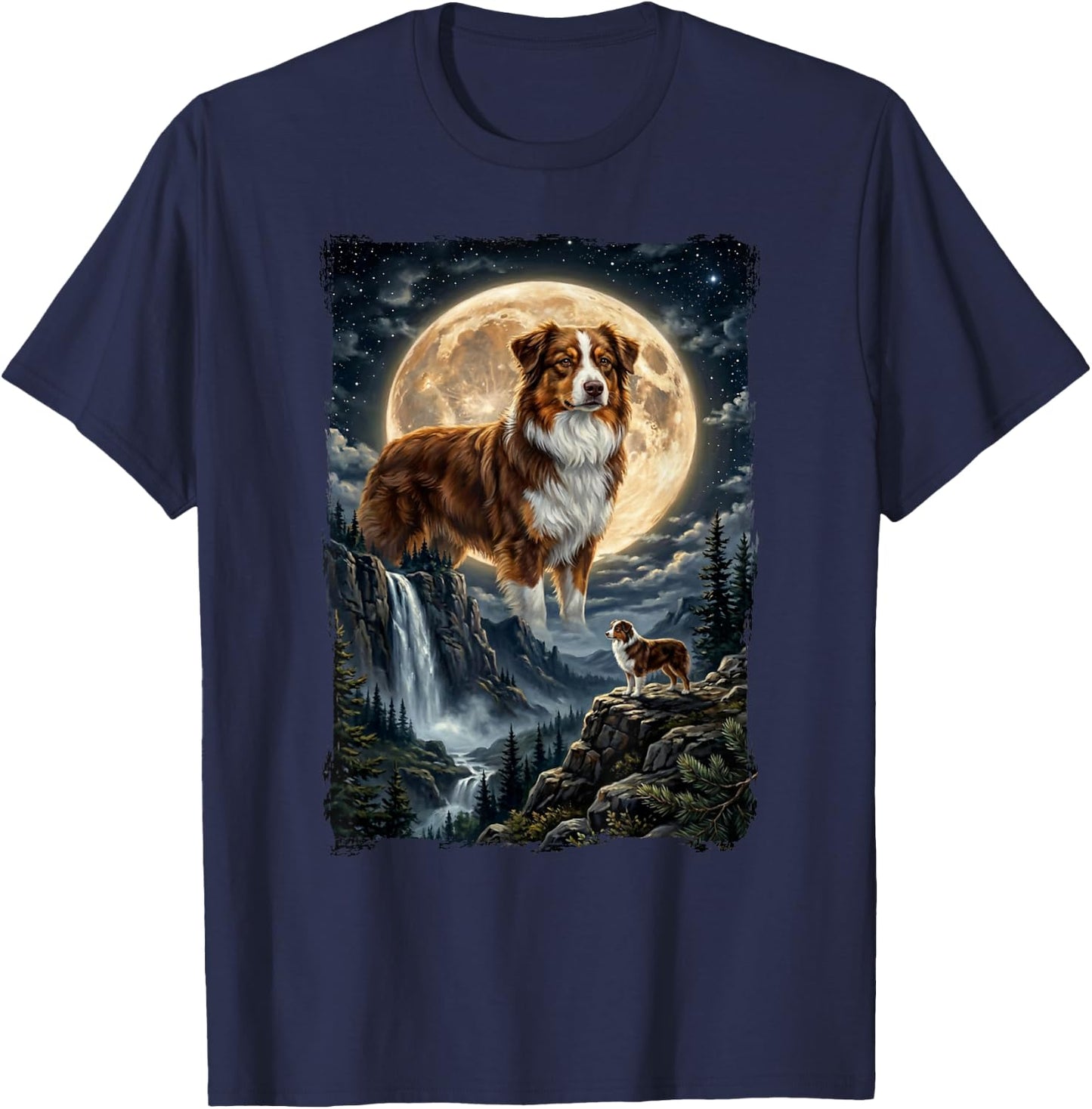 Mystik Fantasy Illustation Dog and Moon Australian Shepherd T-Shirt - T-Shirt | Navy